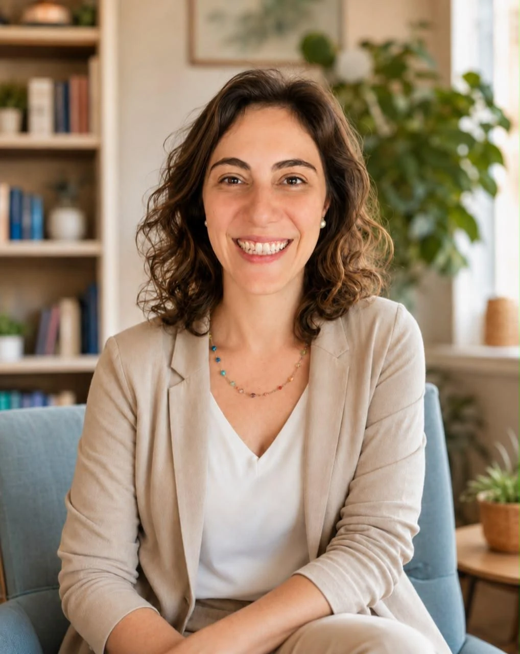 Elisa Chuery, terapeuta transpessoal, sentada em uma poltrona em um ambiente com luz natural